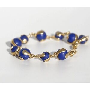Vintage MIDAS 14k Solid Yellow Gold Lapis‎ Lazuli Bead Bracelet Modern Abstract